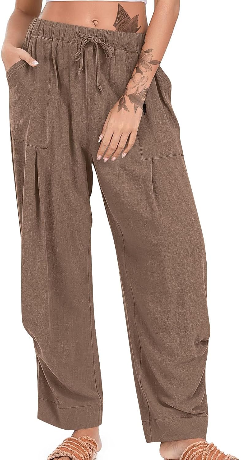 domirica Capris Pants for Women Boho Solid Vintage Business Casual Drawstring Waist Wide Leg Fashionable Sweatpants