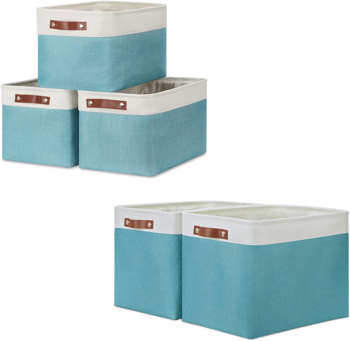 DULLEMELO Collapsible Bundle Baskets 3 Medium Baskets 15"x11"x9.5" + 2 Large Baskets 16"x12"x12"（White&Teal)