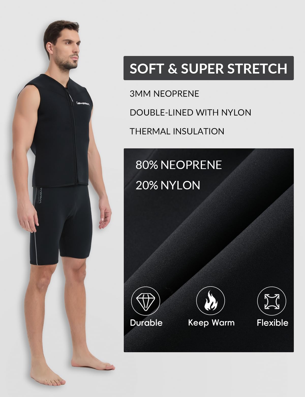 Lemorecn Combinaison en néoprène pour homme et femme - 3 mm - Sans manches - Fermeture éclair avant - Gilet en néoprène pour sports nautiques