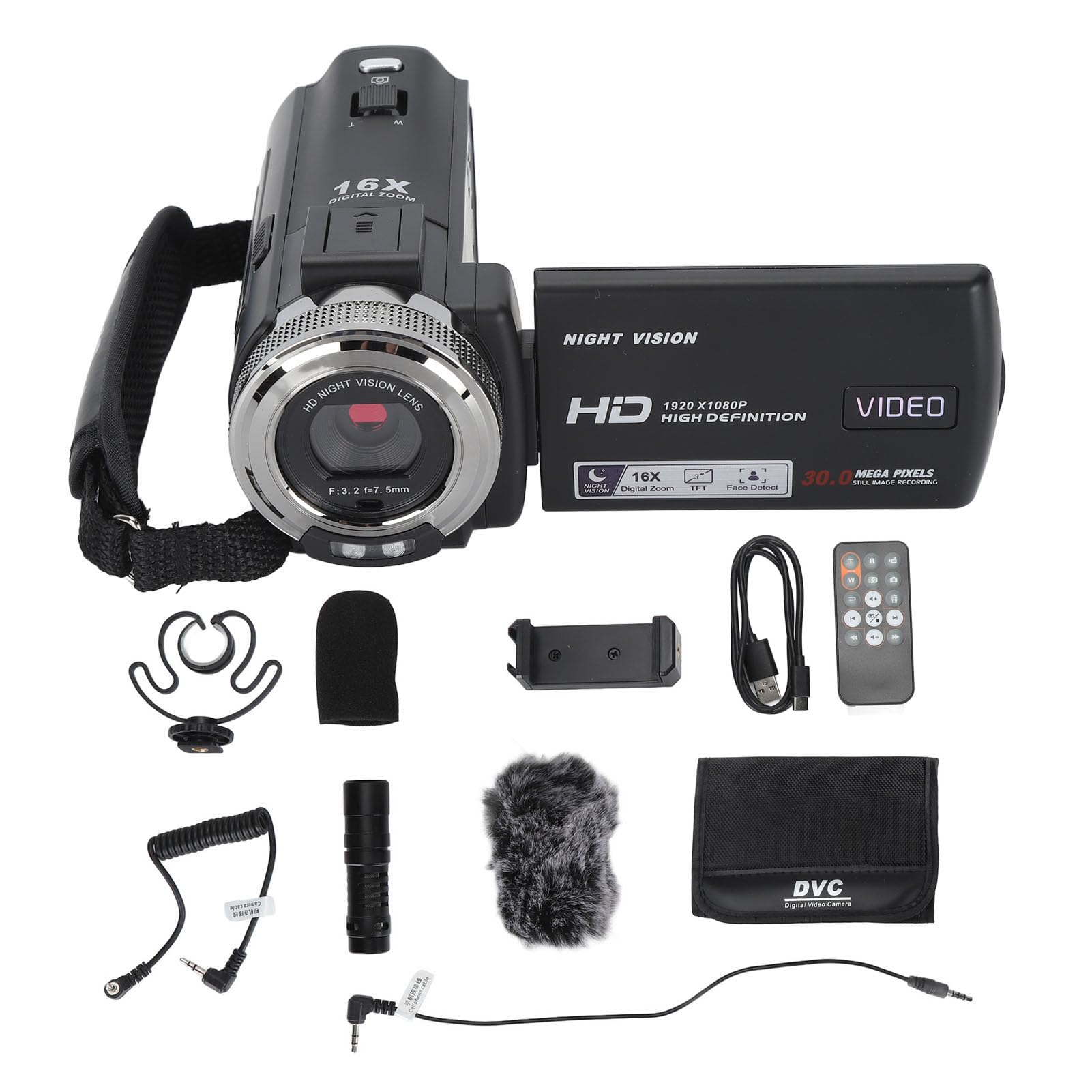Videocamera Handycam con Registrazione Video HD, Schermo LCD TFT da 30 MP 1080P HD da 3 Pollici Zoom 16x Videocamera per Vlogging con Visione Notturna con Microfono Supporto per