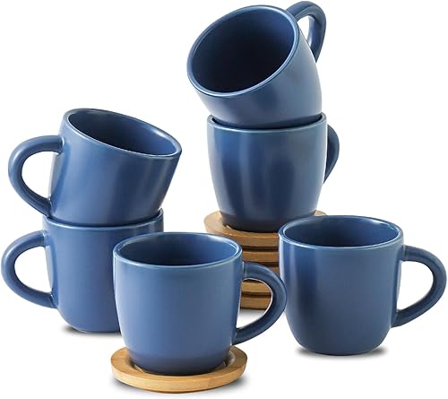 Hasense Juego de 6 tazas y platillos de expreso, tazas Demitasse con asa para bebidas de café, café con leche, capuchino, café moca y té, tazas de