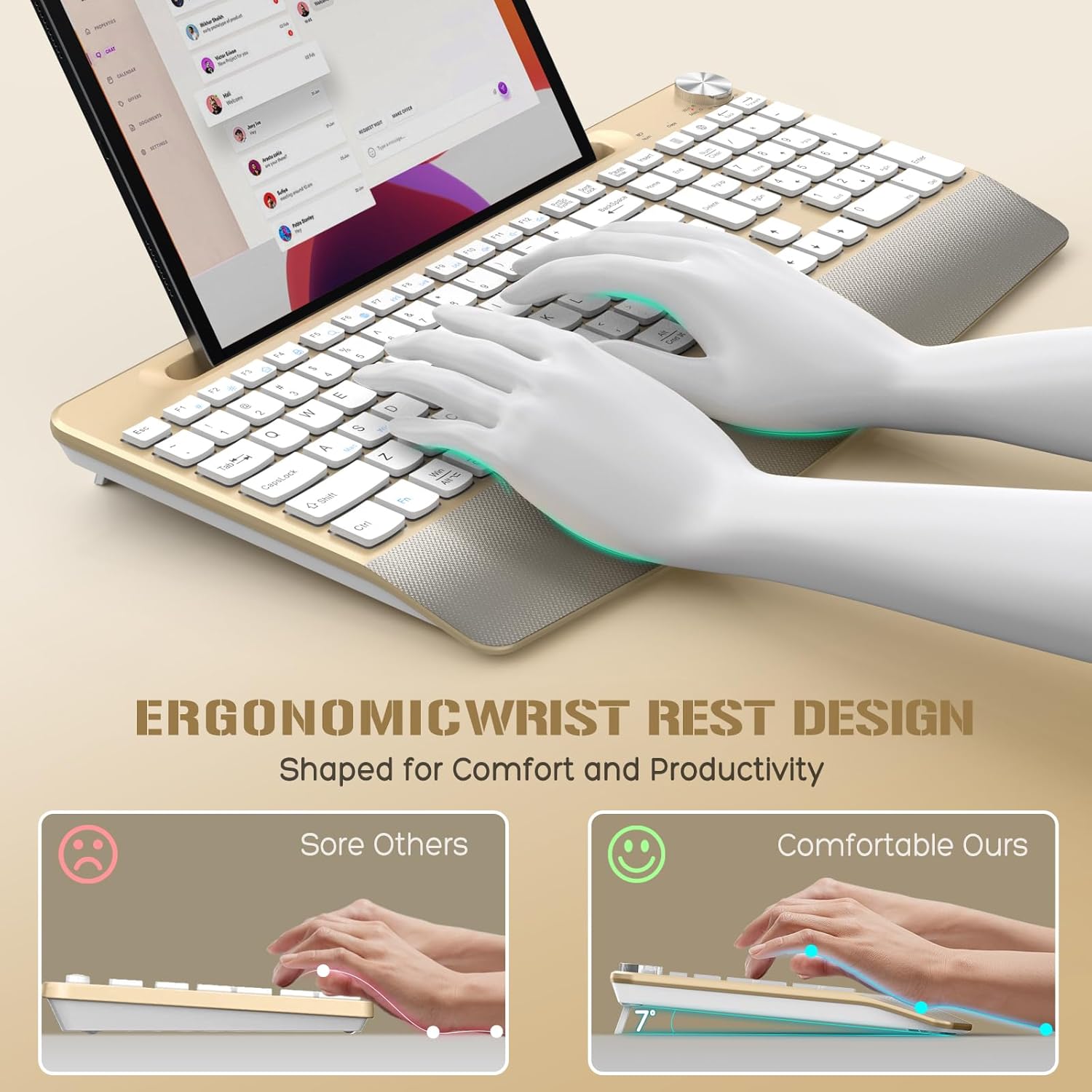 GAMCATZ Ergonomic Wireless Keyboard with Wrist Rest-Low-Profile,Phone/Tablet Holder,Quiet Design，Windows & Mac OS，Full Size Cordless USB Computer Keyboard for Desktop,Laptop, PC, Mac, Windows-Gold
