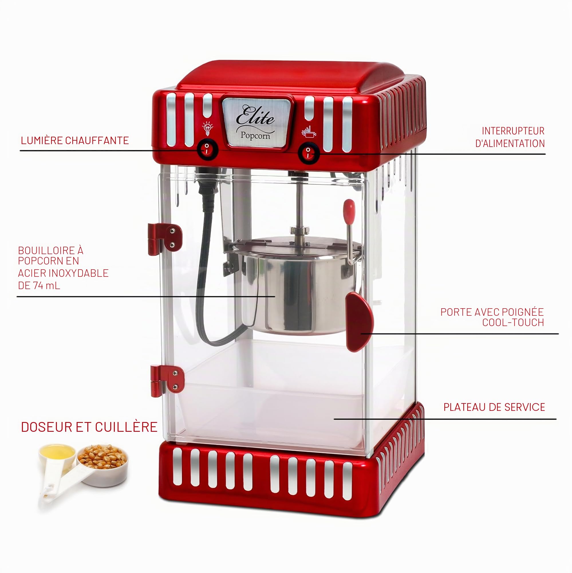 Elite Gourmet EPM-250# Machine à popcorn classique à poser, style rétro/fête foraine, capacité 74 ml, pour soirée cinéma, rouge