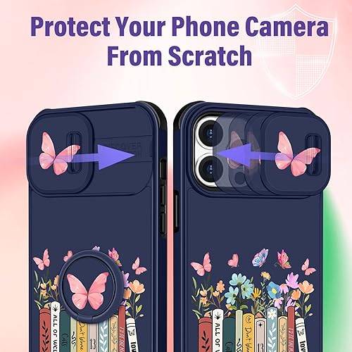 Miniatura 4 de Funda 2 en 1 para iPhone 12 Pro Max para mujeres, linda funda de teléfono con diseño de mariposas y libros de flores, bonito diseño Kawaii con funda