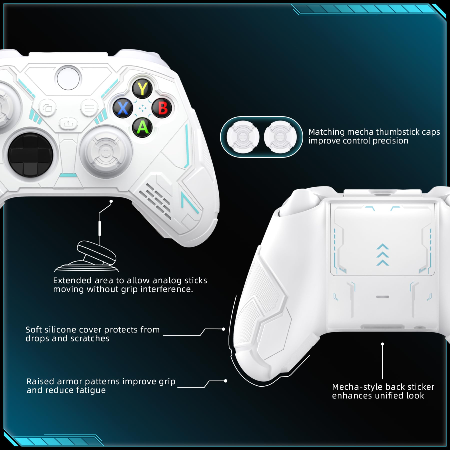 PlayVital Funda de Silicona para Xbox Series X/S Mando, Carcasa Protectora Antideslizante con Thumb Grips y Sticker para Xbox Core Mando - Stellar Mecha (Blanco & Gris Escarcha)