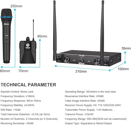 Miniatura 7 de D Debra Audio AU200 Pro UHF Sistema de micrófono inalámbrico de 2 canales con micrófono inalámbrico Lavalier de mano, receptor de metal, para fiesta