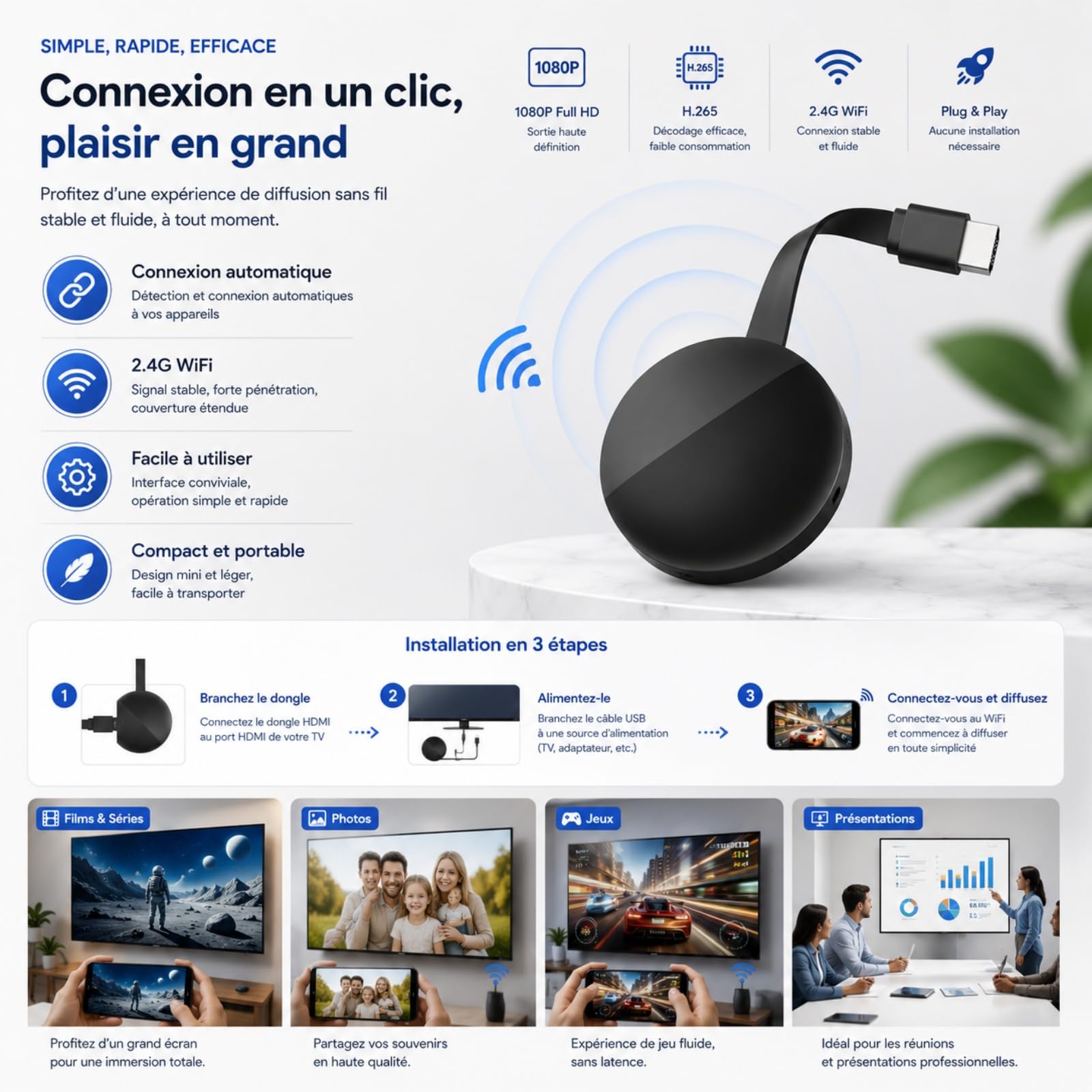Streamer multimedialny WiFi, ulepszona wersja bezprzewodowa, Google 1080p HDMI 4G, kompatybilna z TV/monitorem/projektorem, obsługa WiFi 2,4 GHz, połączenie USB/MicroUSB, chromowana obsada