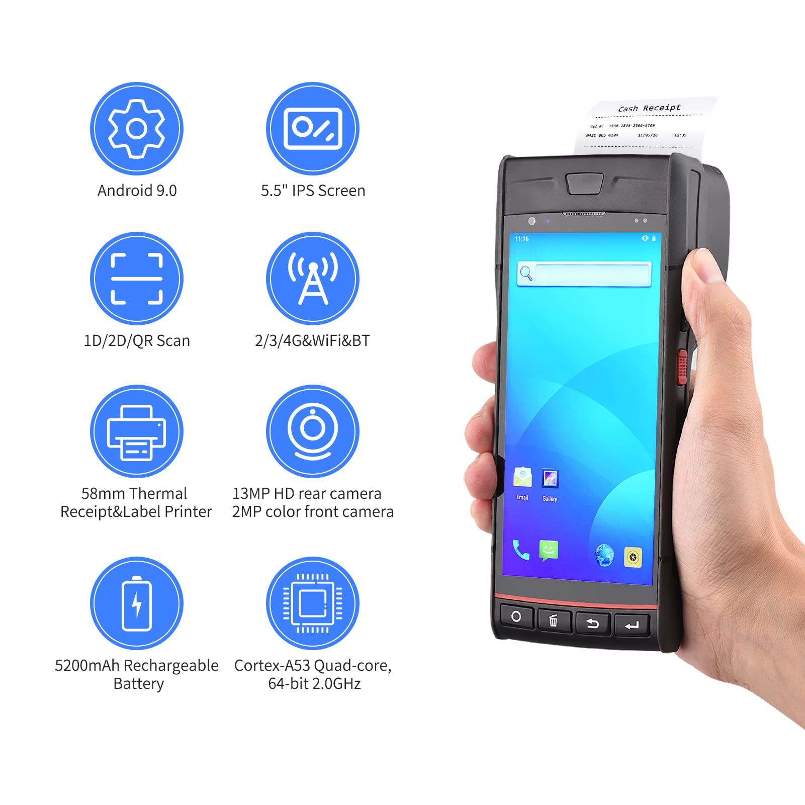 Ręczna drukarka pokwitowań POS Android 9.0 Terminal PDA 1D/2D/QR skaner kodów kreskowych obsługuje globalny system pozycjonowania 4G WiFi BT komunikacja z 5,5-calowym ekranem dotykowym do