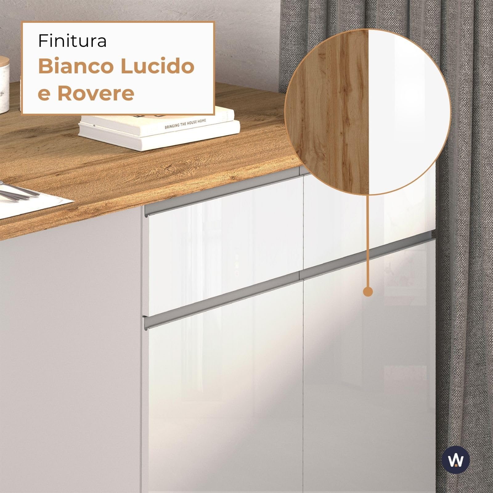 WHOUS Isola Cucina SOLE con 4 Ante e 4 Cassetti, Tavolo da Pranzo e Piano di Lavoro, Ideale per Open Space e Spazi Ridotti, 200x90x90 cm, Bianco Lucido e Rovere