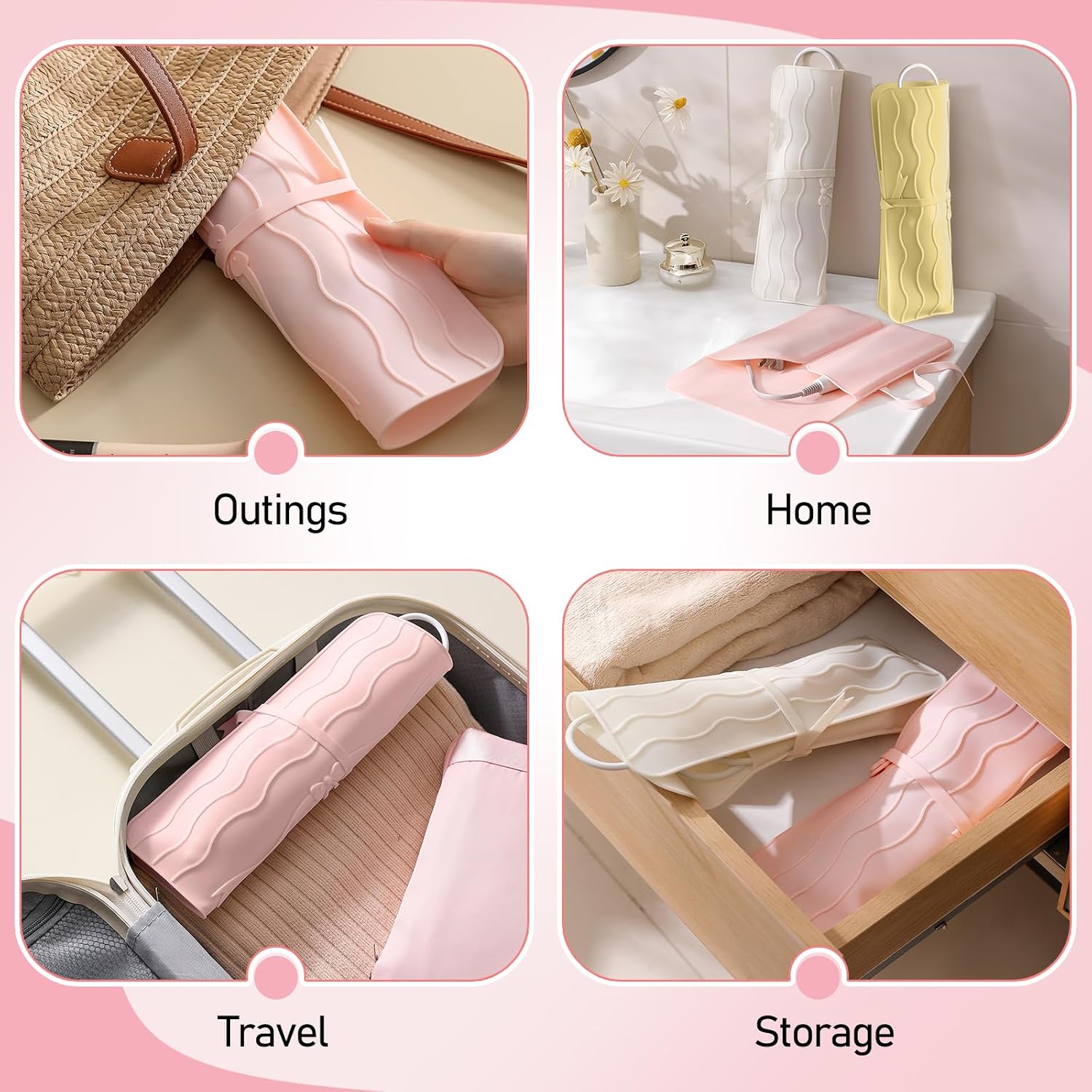 Silicone Heat Resistant Mat for Curling Iron & Flat Iron (Pink) | Partitioned storage for Flat Iron and Cable to Reduce Clutter, Portable Heat Protection Mat for Counter, Vanity, Travel