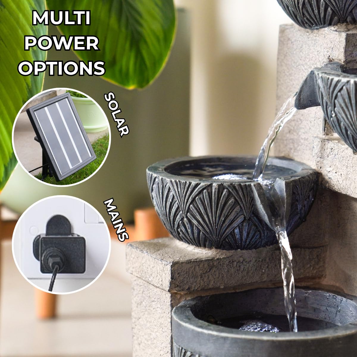Festive Lights - Fontaine de jardin hybride avec éclairage LED gris effet pierre 42 cm – Solaire, USB et alimentation enfichable, fontaine de jardin intérieur ou extérieur, fonction minuterie