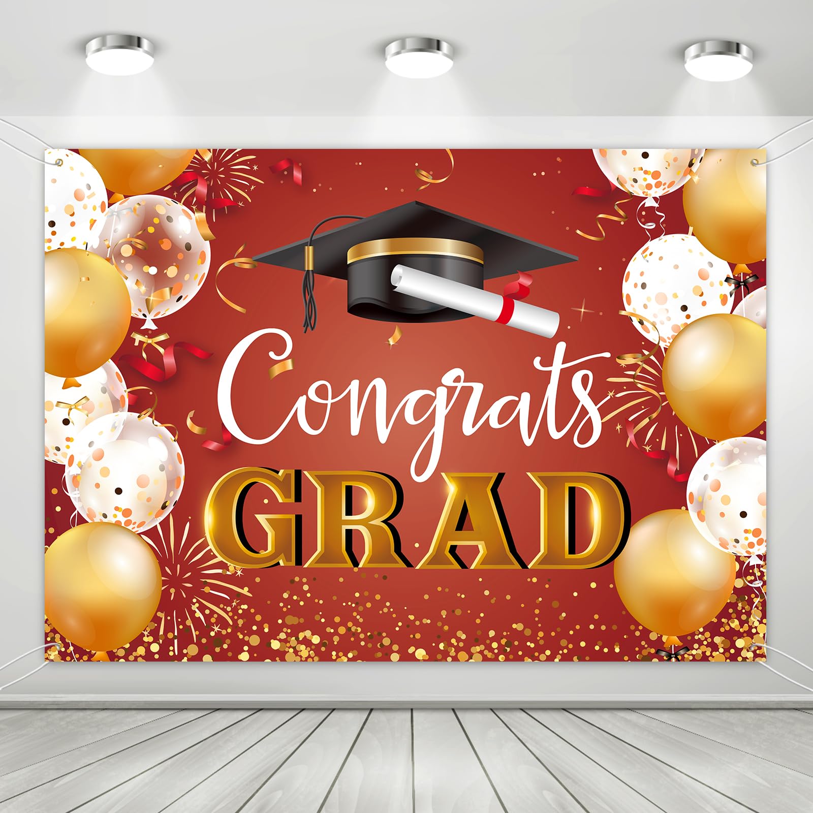 Red Gold Glitter Congrats Grad Backdrop,Graduation Party Decorations Photography Background,Glitter Bokeh Spot Balloons Congratulations Graduation