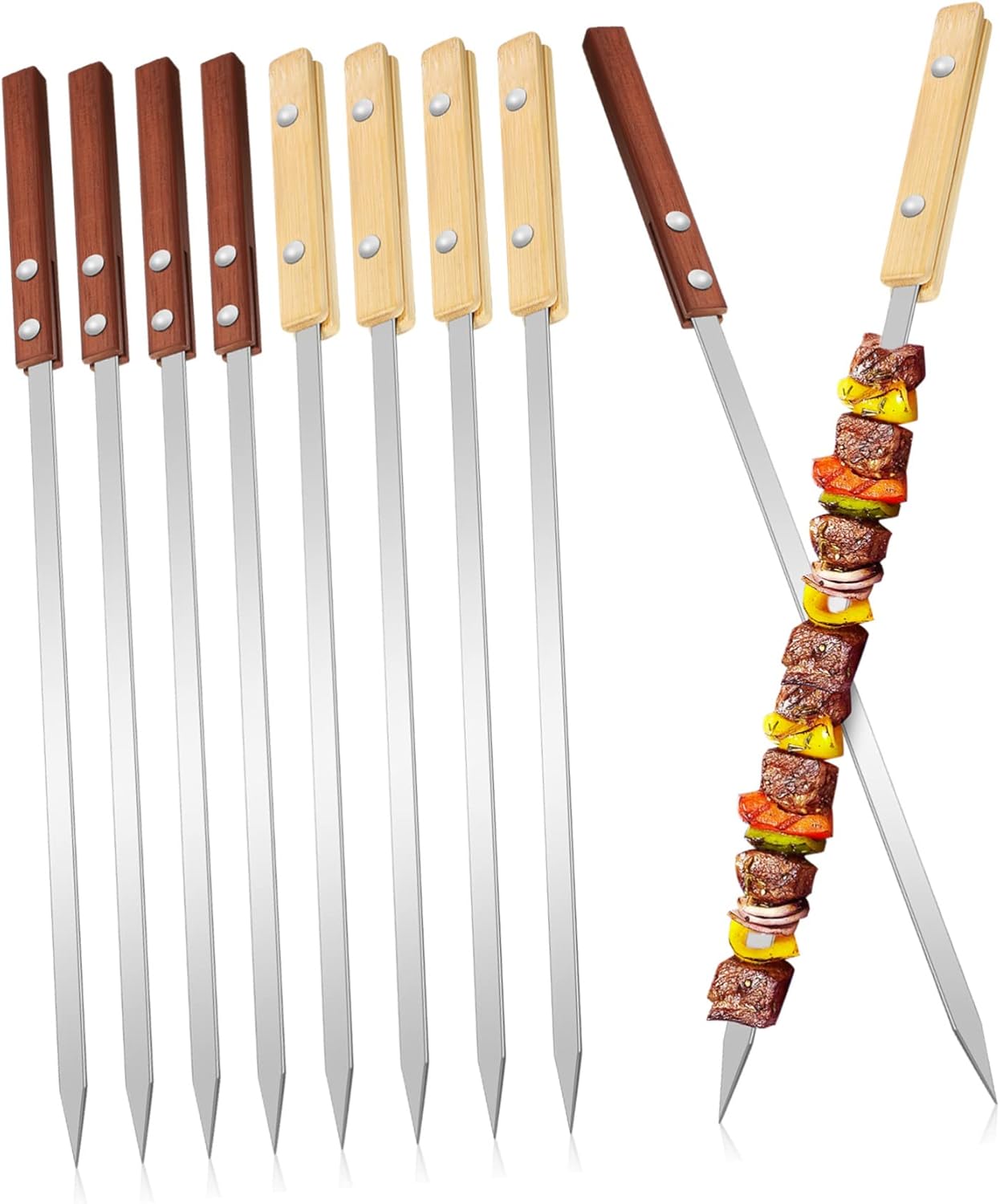VICASKY 12pcs Stainless Steel Bbq Skewers Wooden Handles Kebob Skewers for Grill for Barbecues for Appetizers