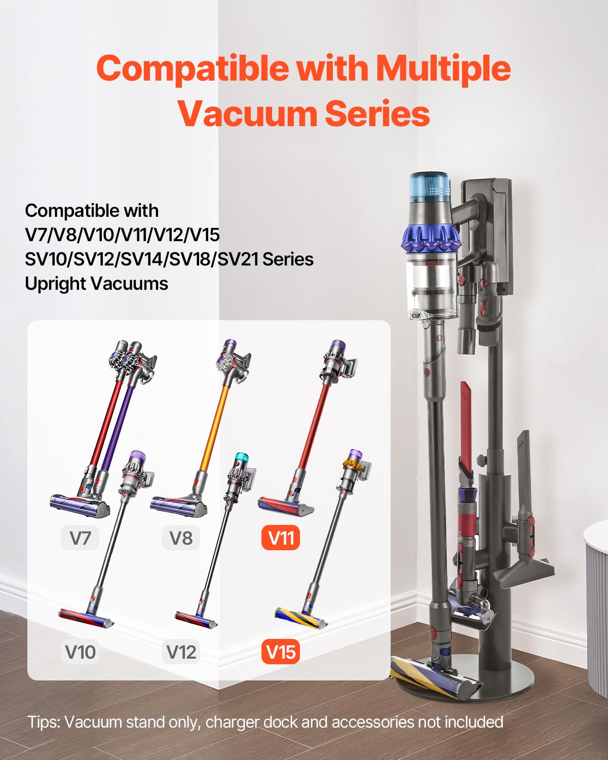 VEVOR Support d'Aspirateur pour Dyson V7, V8, V10, V11, V12, V15, SV10, SV12, SV14, SV18, SV21, Porte-aspirateur Vertical Stable avec 3 Clips et Hauteur Réglable 865-1300 mm pour Espaces Restreints