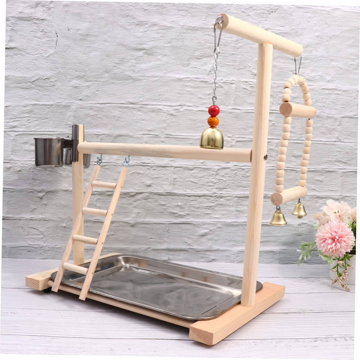 DOITOOL Puesto de Loros Madera Parque Infantil Columpio Escalera Juguete Colgante Acero Inoxidable Cuenco Bird Toys Columpio para Pájaros Colgante de Madera para Loros Juguetes para Pájaro