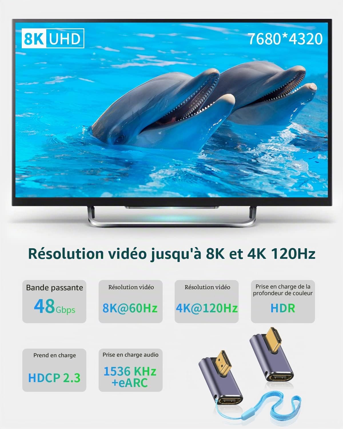 Duttek 8K 90 degrés HDMI coudé Adaptateur,48Gbps Adaptateur HDMI à Angle Gauche et Droit mâle vers Femelle d'extension UHD 2.1 avec 8K@60Hz,pour téléviseurs HDT,PC,Ordinateur Portable (2 emballages)