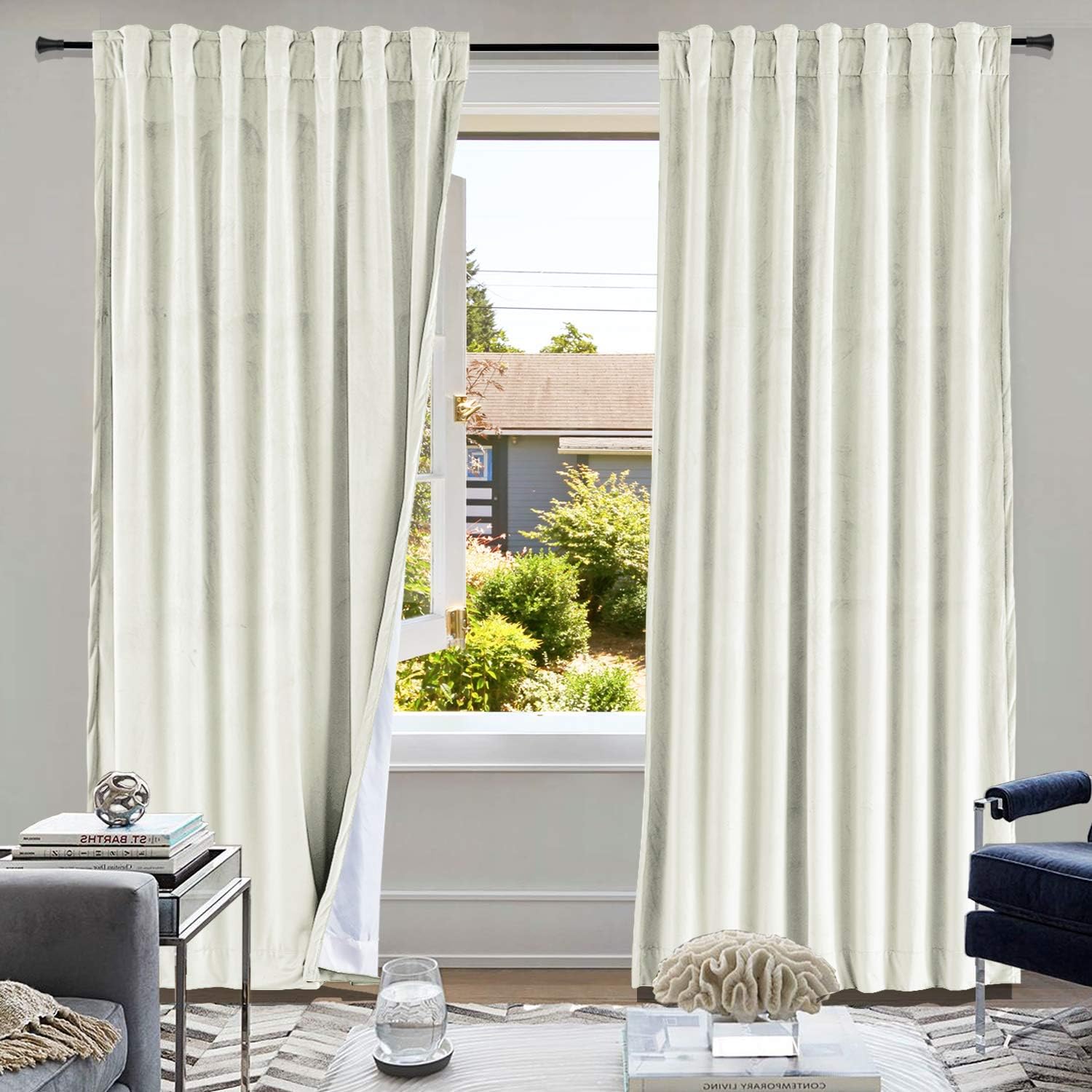 cololeaf Back Tab and Rod Pocket Curtains Blackout Shades Room Darkening Blinds Thermal Insulated Velvet Curtains with Blackout Lining for French Door, Beige 100W x 84L Inch(1 Panel)
