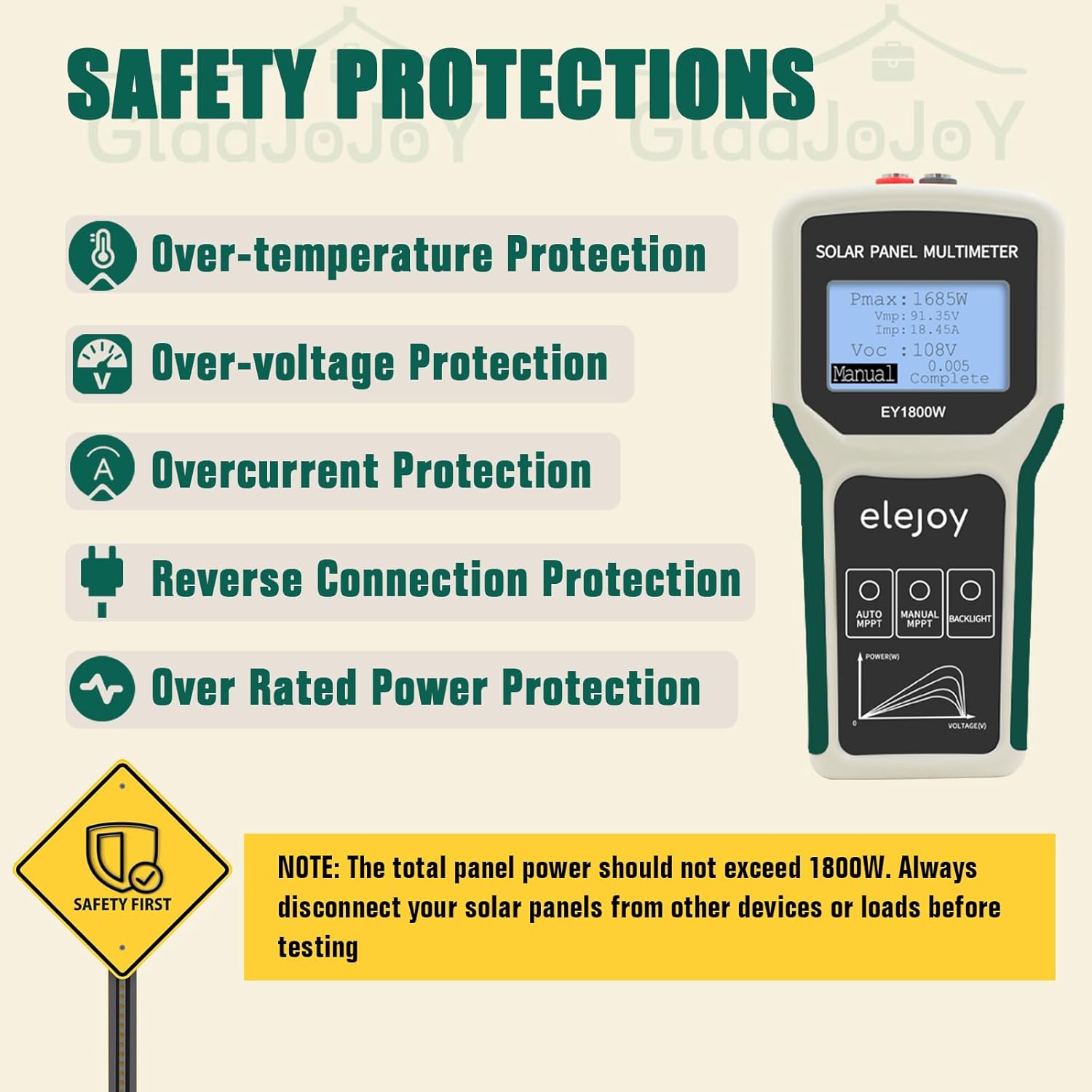 Upgrade 1800W Solar Panel Tester MPPT Photovoltaic Panel Multimeter, Smart MPPT Tools for Testing Solar PV Panel Open Circuit Voltage & Troubleshooting, LCD & Multiple Safety Protections