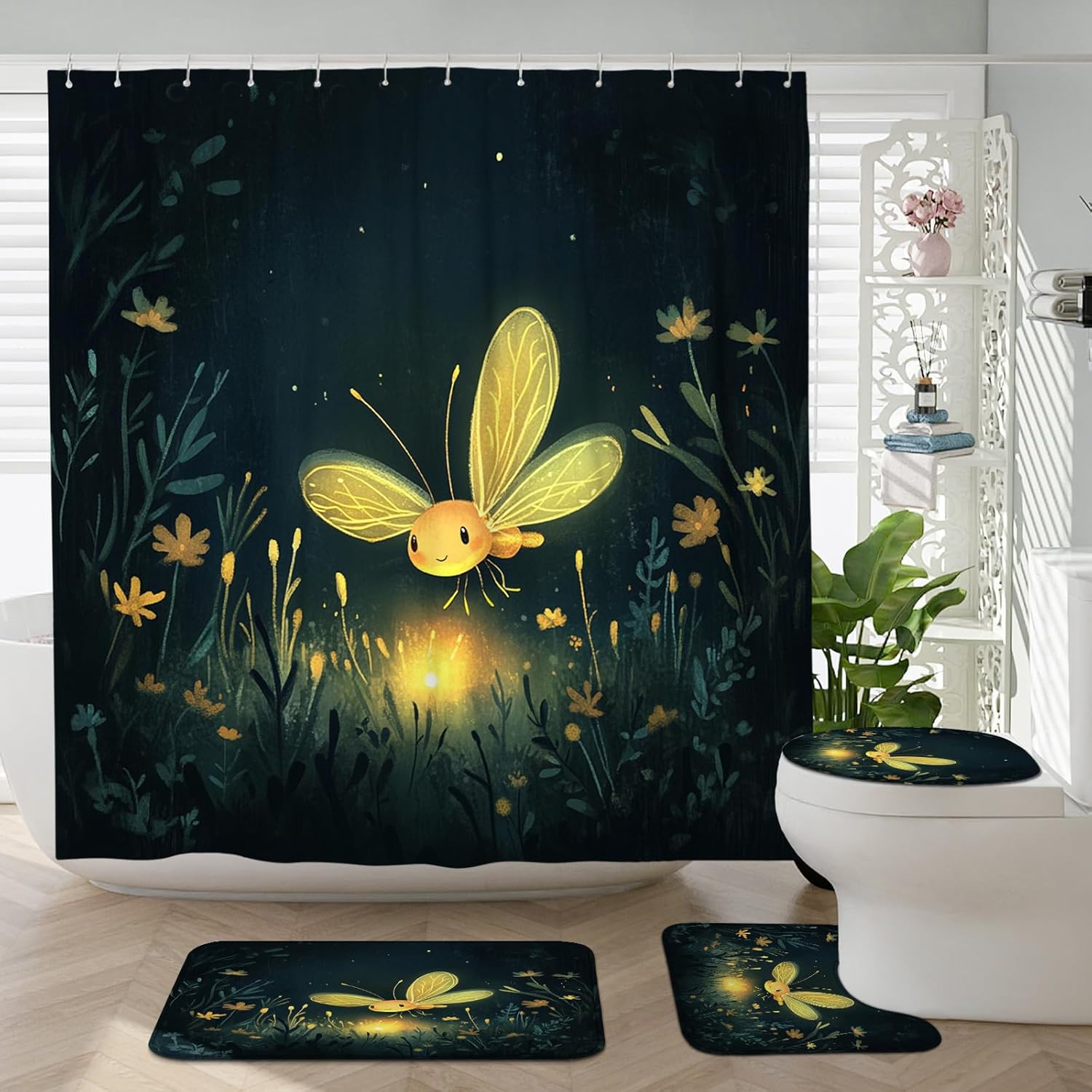 4PCS Kids Fun Firefly Bathroom Sets, Bath Accessory with Non-Slip Rug, U Shape and Toilet Lid Cover Mat, Cute Anime Insect Bathroom Decor-72''x72''