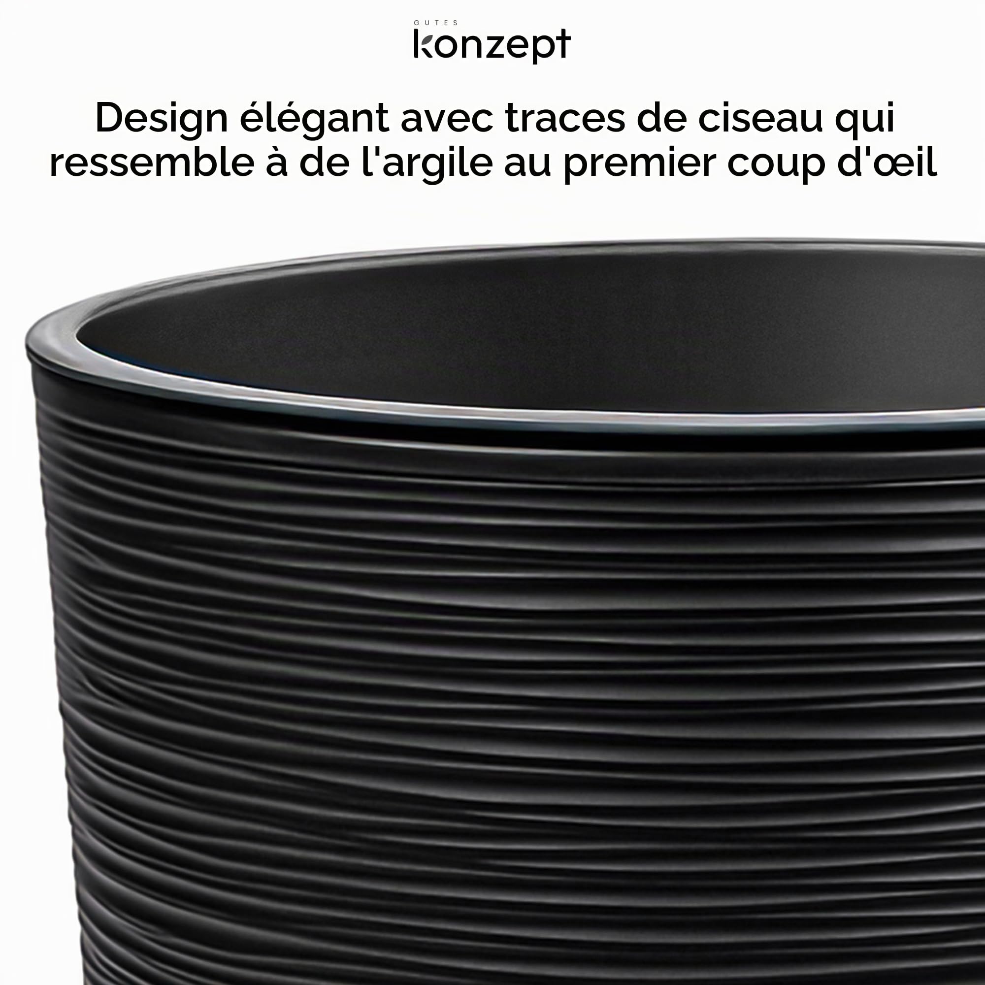 KONZEPT Grand pot de fleurs, pour l'intérieur, 30 cm, en plastique, noir, design traces de burin, avec insert intérieur
