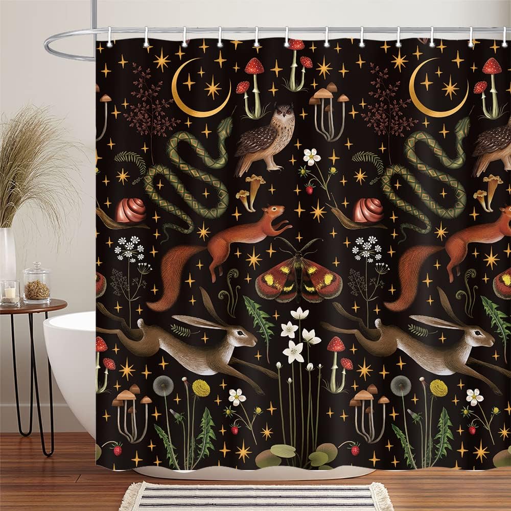 Fairy Rustic Forest Shower Curtain for Bahtroom, Country Woodland Wild Animals Butterfly Mushroom Set Hunting Shower Curtain, Farmhouse Rustic Cabin Lodge Shower Curtain Set with Hooks 70X70IN