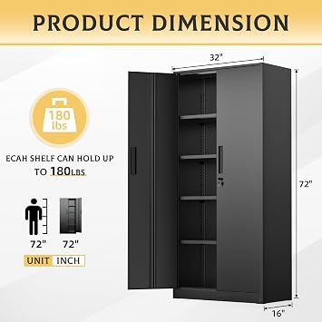 SUNCROWN Metal Storage Cabinets with Lock, 72 Locking Garage Cabinet with 2 Door and 4 Adjustable Shelves, Locking Tool Cabinets for Office,Home,Garage,Gym,School (Black)