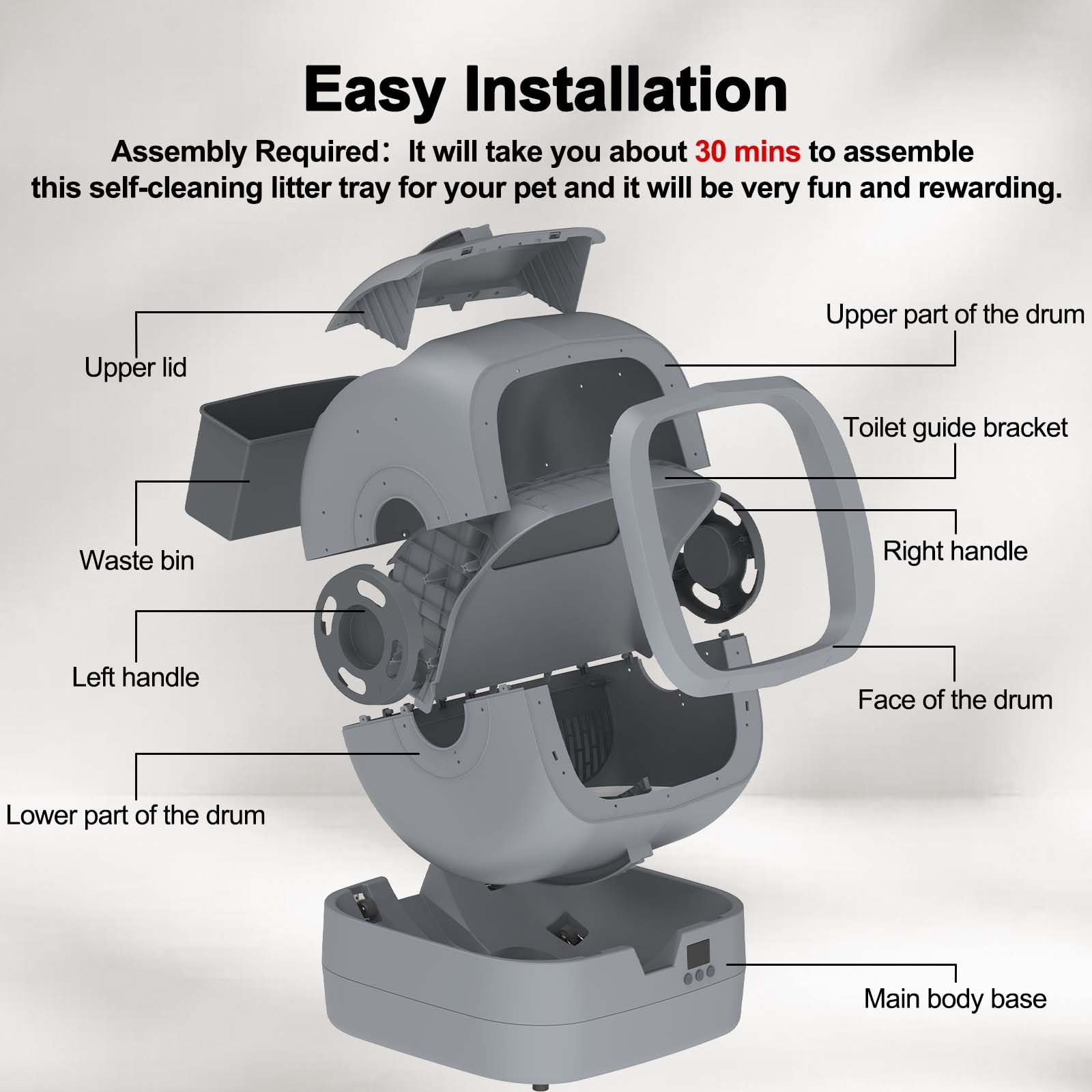 Automatic Cat Litter Box Self Cleaning - APP Control - Weight Monitoring - Ultra-Quiet, Medium Cats and Kittens Litter Box, Safe Anti-Pinch【Assembly Required】- Grey