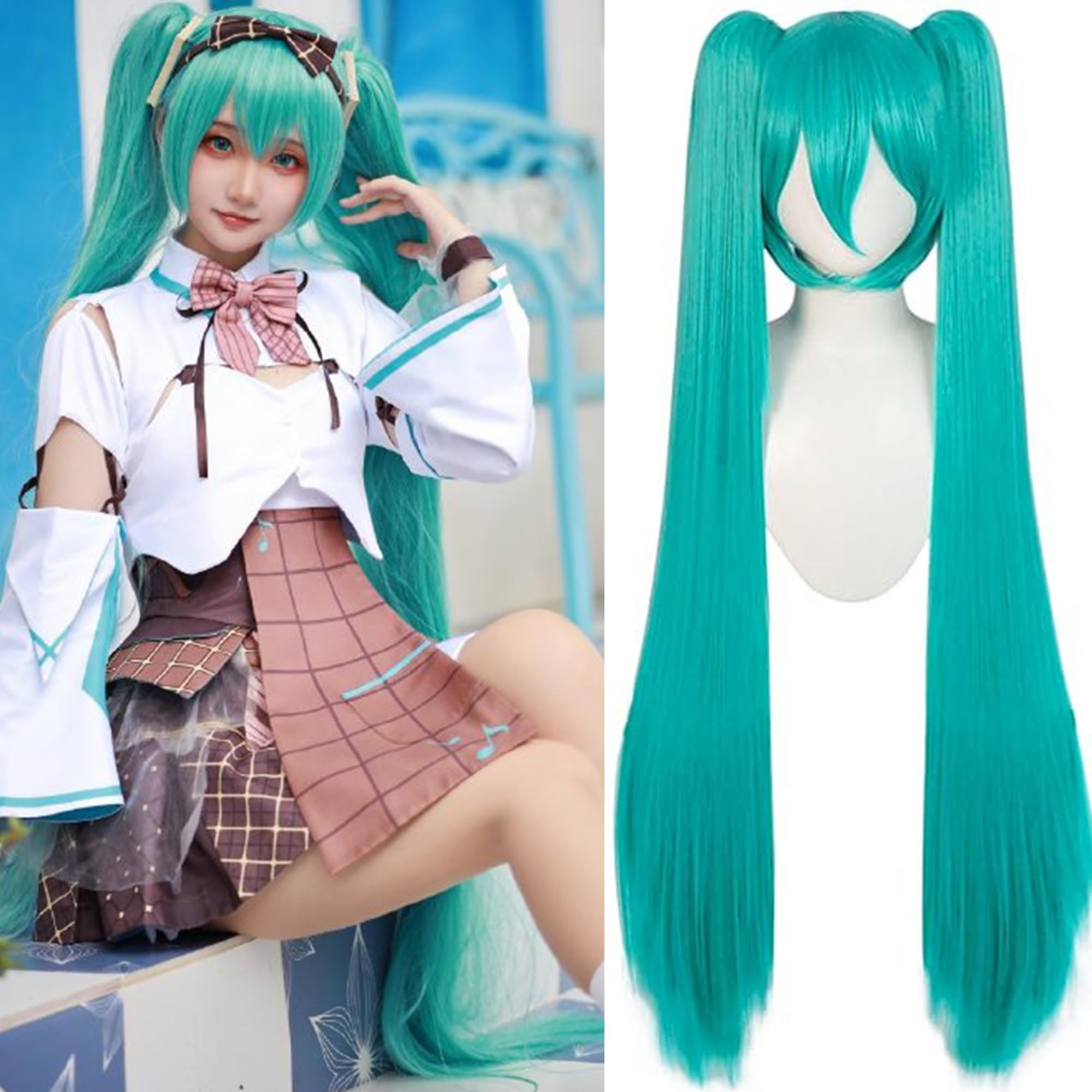 Green Cosplay Wig for Women with Two Detachable Ponytail 47 Inch / 120cm Long Hair Long Straight Synthetic with Bangs for Halloween Costume Party Anime (Green)