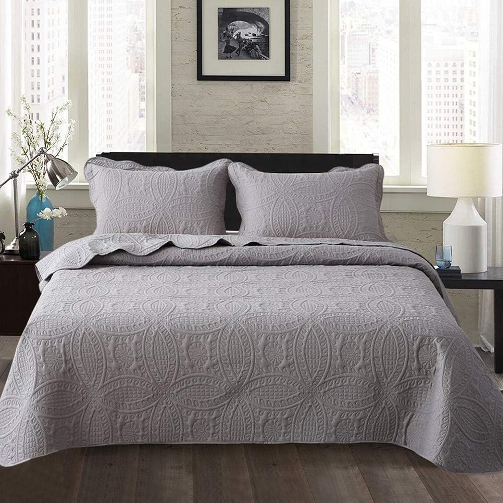 Travan Bedspread Quilt Set 3-Piece Oversized Quilted Coverlet Set with Shams, Grey Embossed, Queen