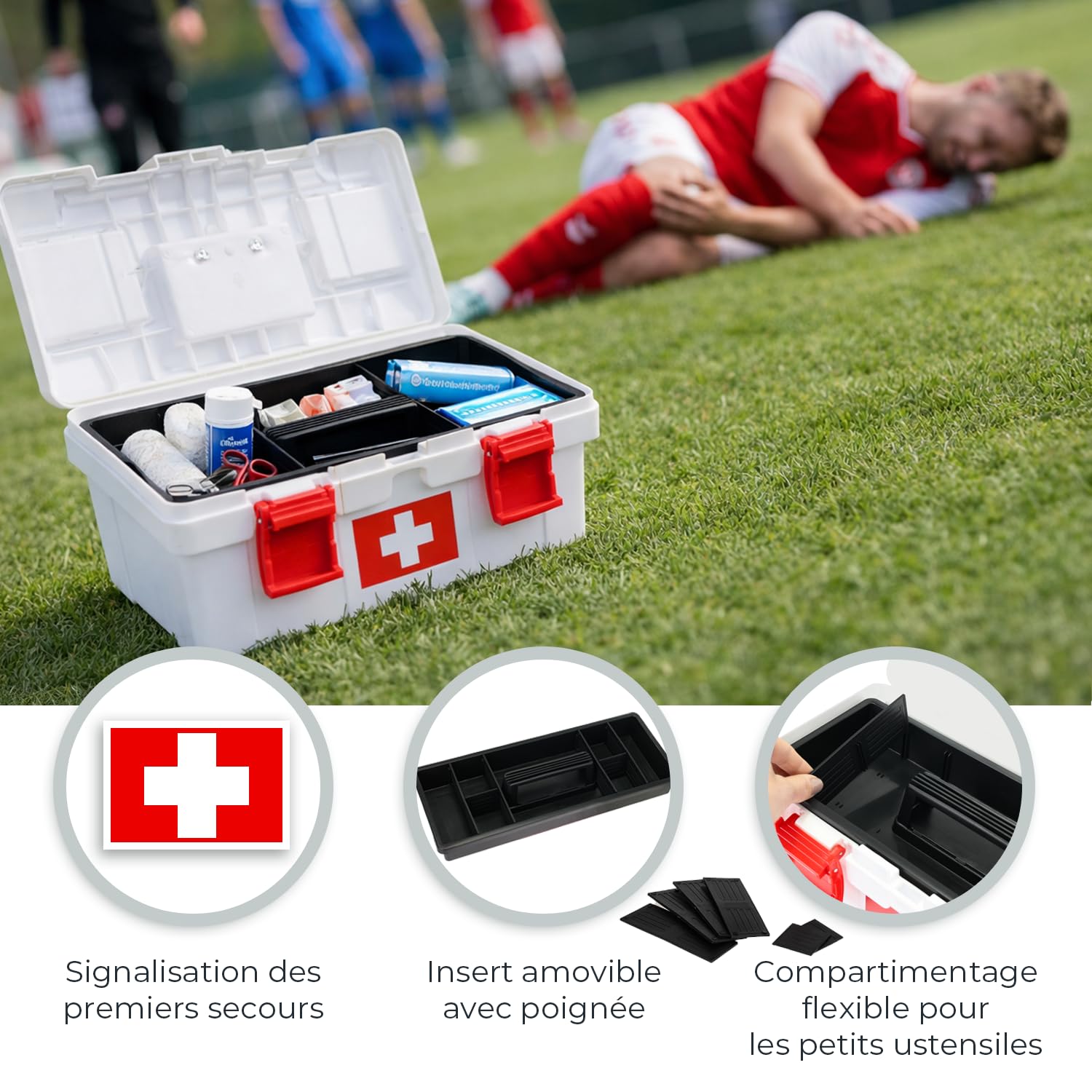 HMF Boîte à pharmacie vide pour les premiers secours pour club de sport, entreprise ou maison | 37 x 20 x 18,5 cm | Blanc/rouge