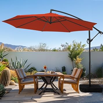 wikiwiki 10ft Patio Umbrella with Base Included, Outdoor Offset Cantilever Umbrella with Sandbag Base for Backyard, Garden and Pool, Easy to Tilt and Crank, Tangerine Red