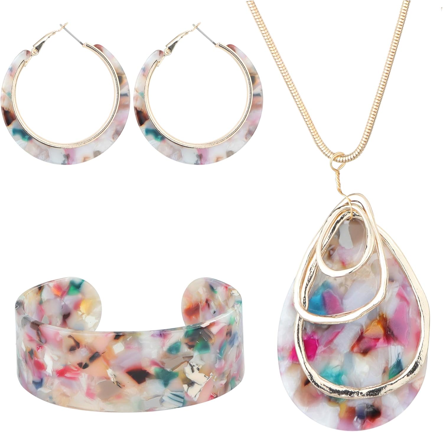ORAZIO Boho Acrylic Statement Jewelry Set for Women - Floral Resin Earrings, Necklace & Adjustable Bracelet