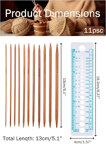 Miniatura 2 de Haosie Juego de agujas de tejer de doble punta, 55 piezas, agujas de tejer de bambú para manualidades hechas a mano, pequeños artículos de punto, 11