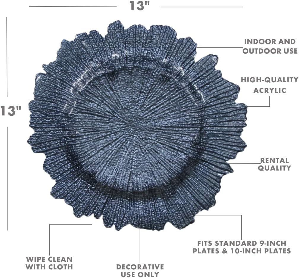Koyal Wholesale 4Pcs Flora Charger Plates Glass Blue, Decorative Plate Chargers for Dinner Plates, Navy Blue Table Décor for Wedding, Holiday, Party Tables