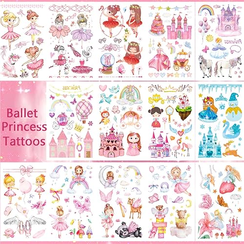 Miniatura 6 de Princess Tattoos - Bailarina temporal pequeña con purpurina para niños y niñas pequeñas, 18 hojas, Aniuvot Ballet Dancing Girl, fiesta de