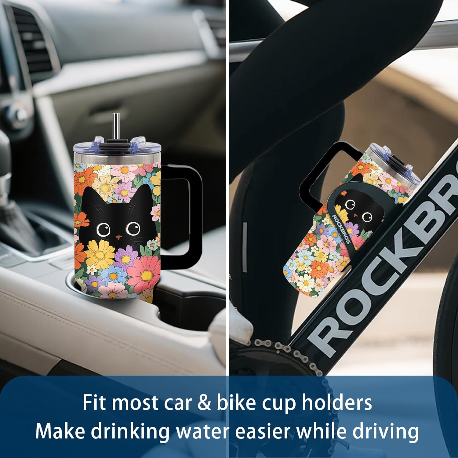 Black Cat & Floral Tumbler 40oz with Handle and Straws, Leak - proof, Stainless Steel Insulated Travel Coffee Mugs Vintage Flora & Cute Cat Print Cup Gifts for Women, Girls, Birthday, Christmas - Image 5