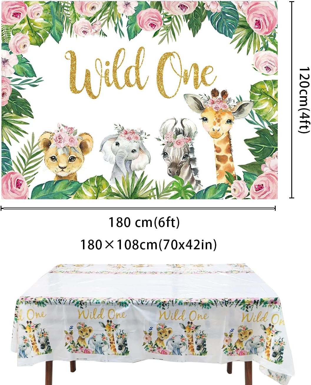 Wild One Theme Backdrop with Tablecloth for Girls Birthday Party Decoration Jungle Animal Backdrop 6x4ft Wild One Tablecloth 180x108cm Baby Shower Party Decoration Supplies