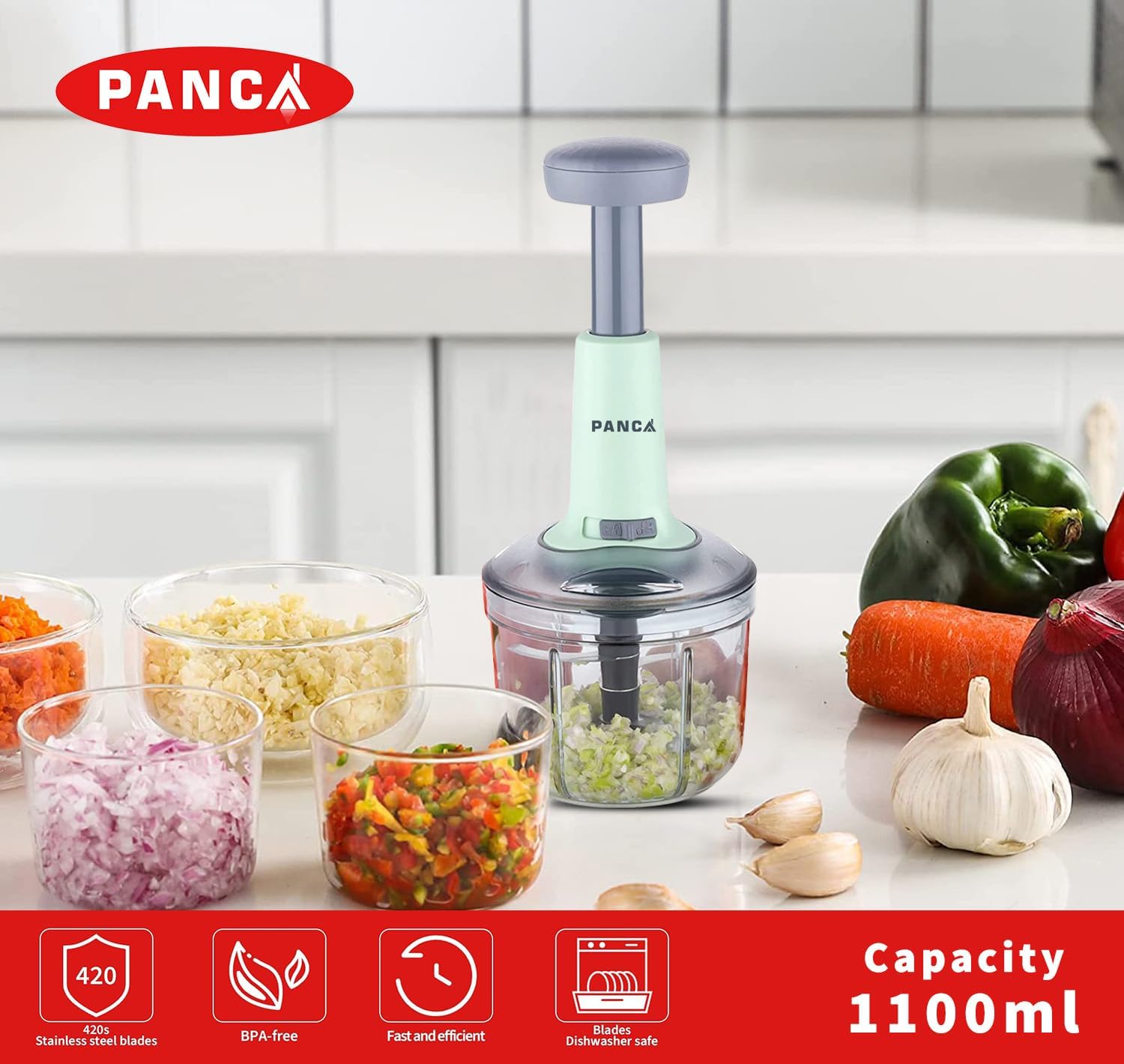 Chopper Big Size 1100 ml Hand Press Fruits and Vegetable Push Chopper Easy to Use for Kitchen 4 Sharp Stainless Steel Blades, Unbreakable Food-Grade Plastic