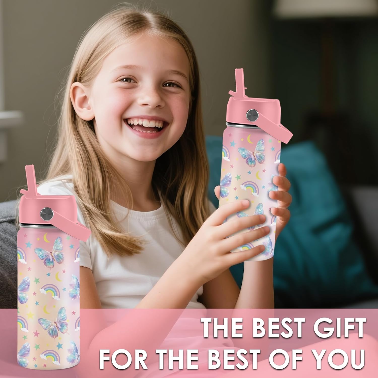Butterfly Gift for Girls - 16oz Kids Water Bottle with Straw Lid, Stainless Steel Insulated Bottle, Leakproof, BPA-Free, for School, Travel - Rainbow Butterfly Lovers Children Birthday Gift Cup(1pc) - Image 8