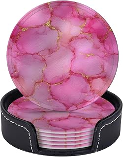 Pink Alcohol Ink Floral Premium Leather Coasters, Set of 6 with Holder, Stylish Beverage Coasters for Kitchen Coffee Bar