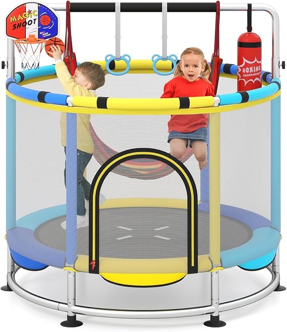 OLAKIDS 55 Trampoline for Kids, Indoor Outdoor Adjustable Toddler Trampoline with Safety Enclosure Net, Baby Recreational Trampolines with Basketball Hoop Hammock Boxing Bag Gymnastic Bar Rings