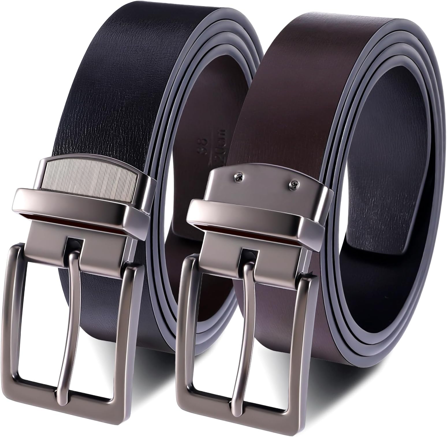 Mens Reversible Leather Belt, Men's Belt with Rotated Buckle, Adjustable Trim to Fit, Great for Suits, Jeans, Casual & Business Work, Black & Coffee