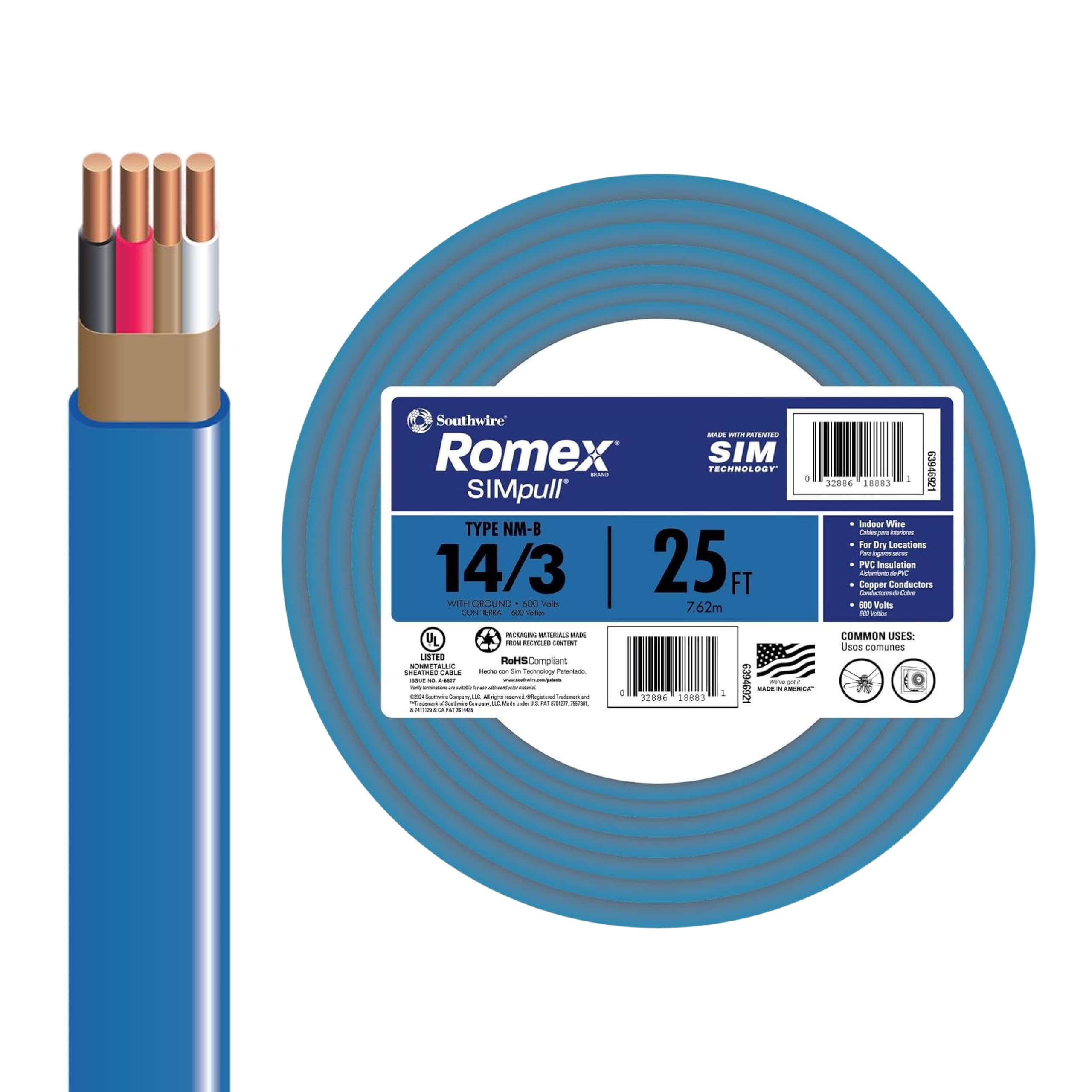 Southwire Romex SIMpull™ Electrical Wire, 14 Gauge, 3 Conductor
