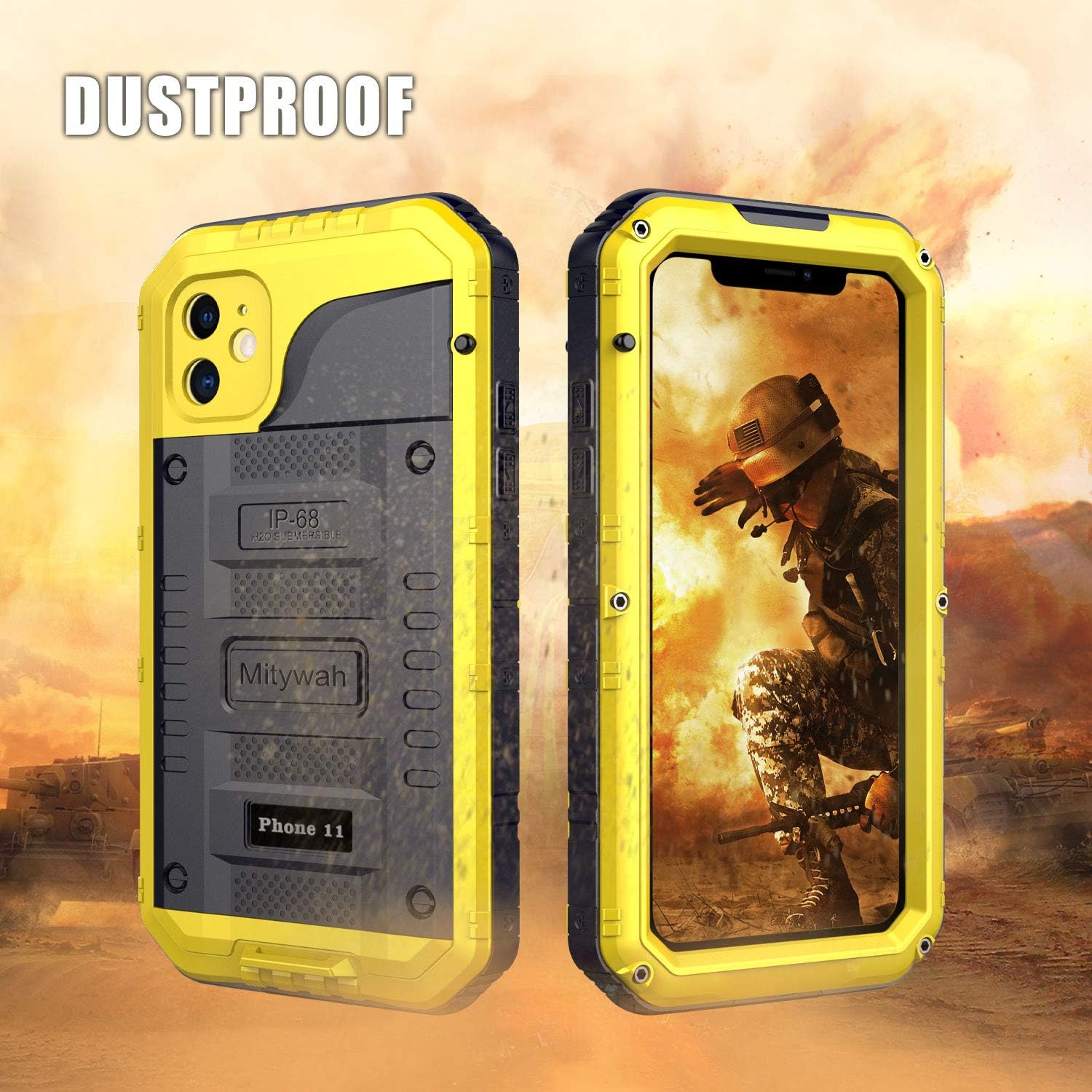 Mitywah Waterproof Case for iPhone 11 Pro, Heavy Duty Military Grade Shockproof Cover Built-in Screen Protection, Rugged Thick Full Body Protect Metal Case for iPhone 11 Pro, Yellow