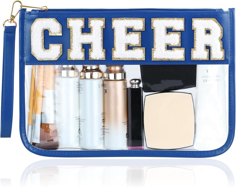 Necessaire transparente BuyCard CHEER em PVC, azul-marinho, com zíper e alça de pulso