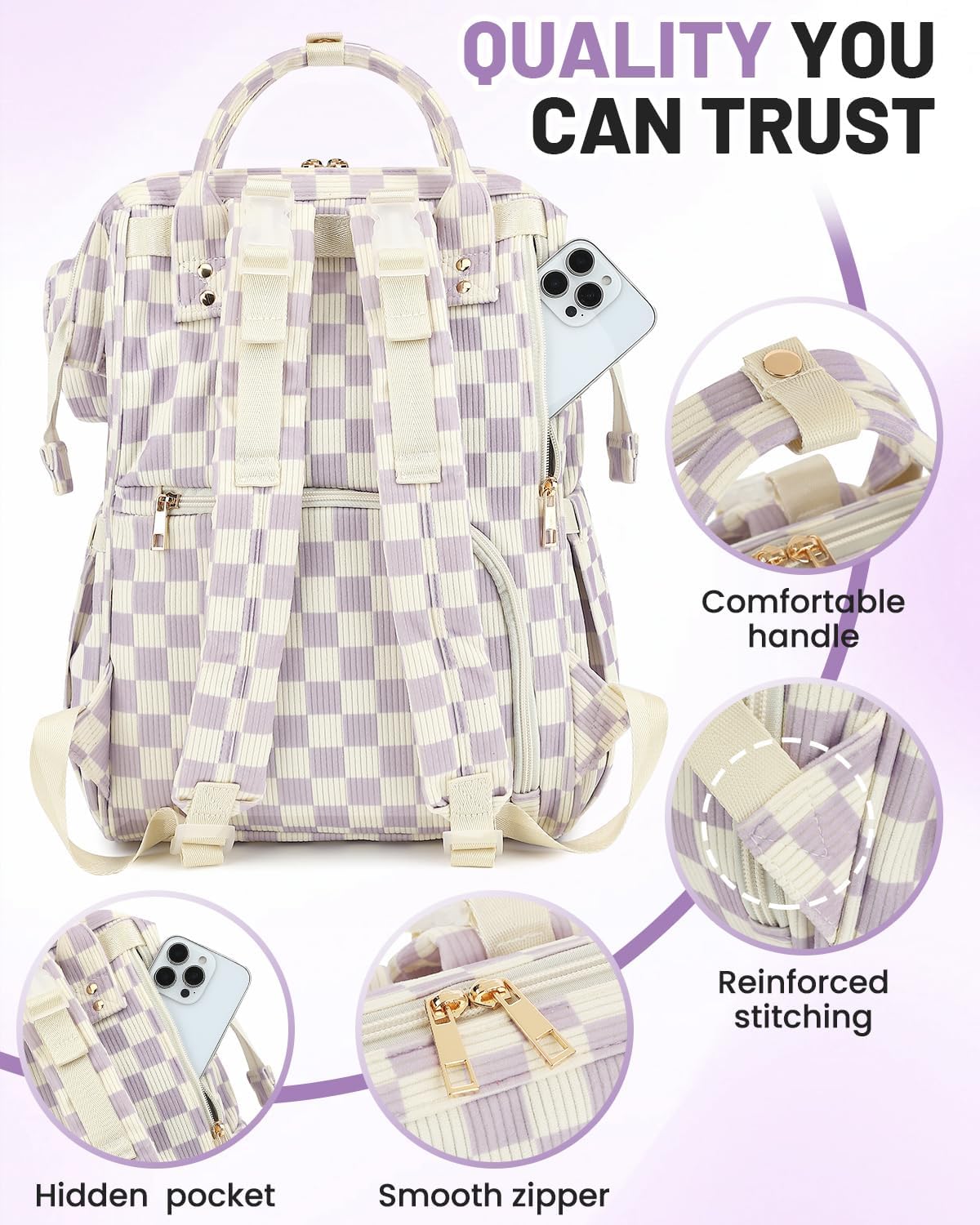 Corduroy Diaper Bag Backpack, Large Capacity Multifunction Baby Diaper Bags for Women, Insulated Bottle Pockets & Pacifier Case, Stylish Travel Nappy Changing Bags for Mom Dad (Checkered Purple)