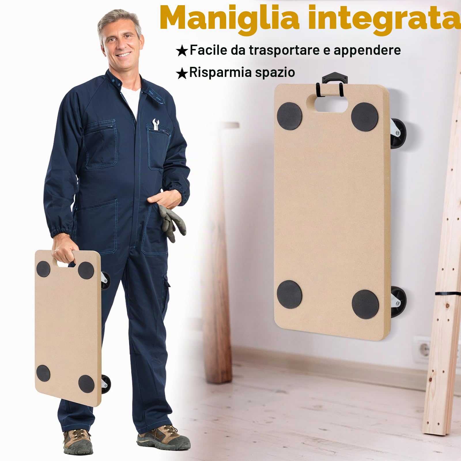 UISEBRT 2 rotelle per il trasporto, 580 x 290 x 108 mm, MDF, Doppio piatto, Carrello per il trasporto, Portata 200 kg
