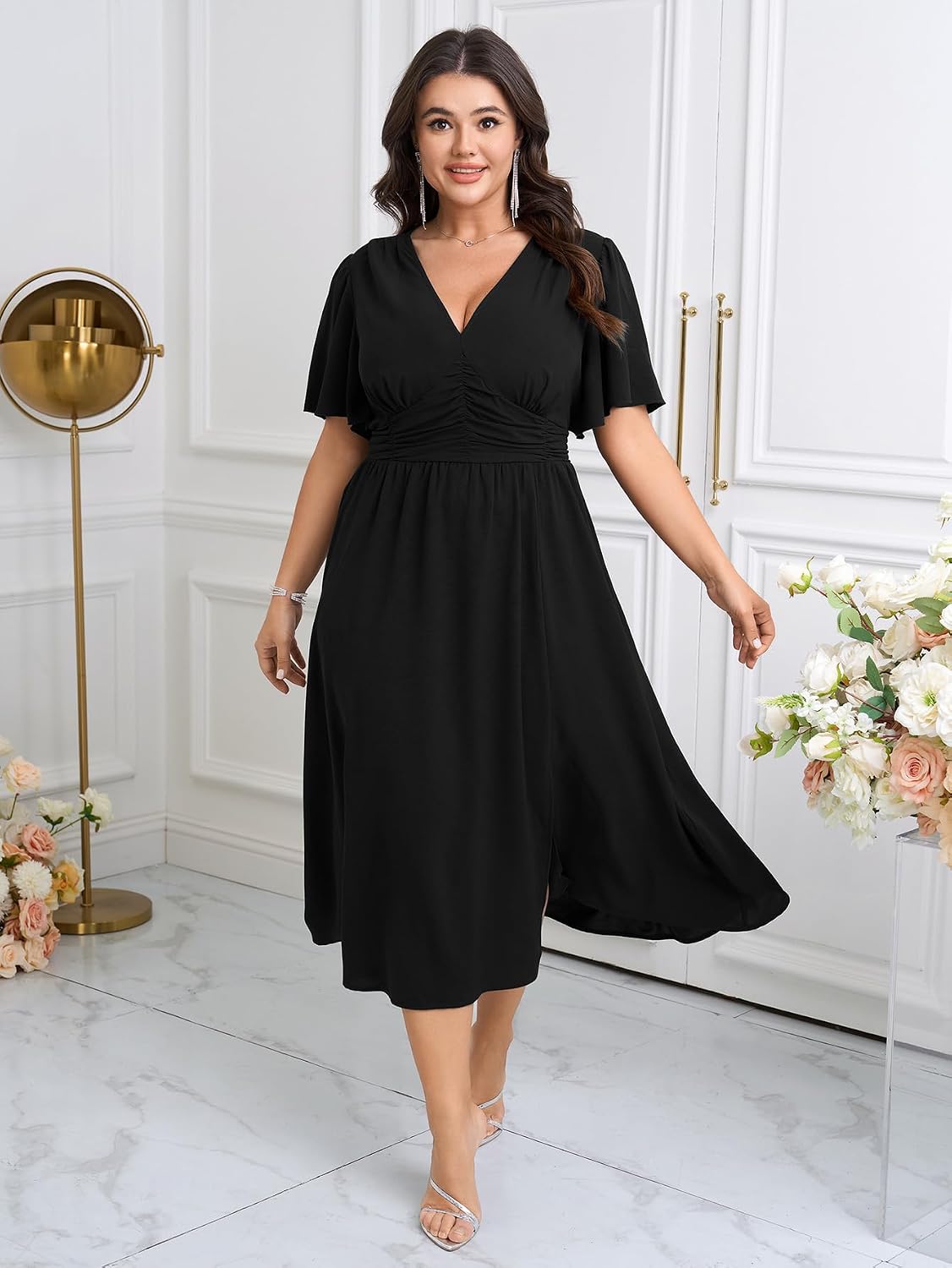 navy a line dress Zapaka Women Choir with Pockets Chiffon A-Line V-Neck Long Black Satin Strapless Shimmer Size:Us Size 16W ghost-check