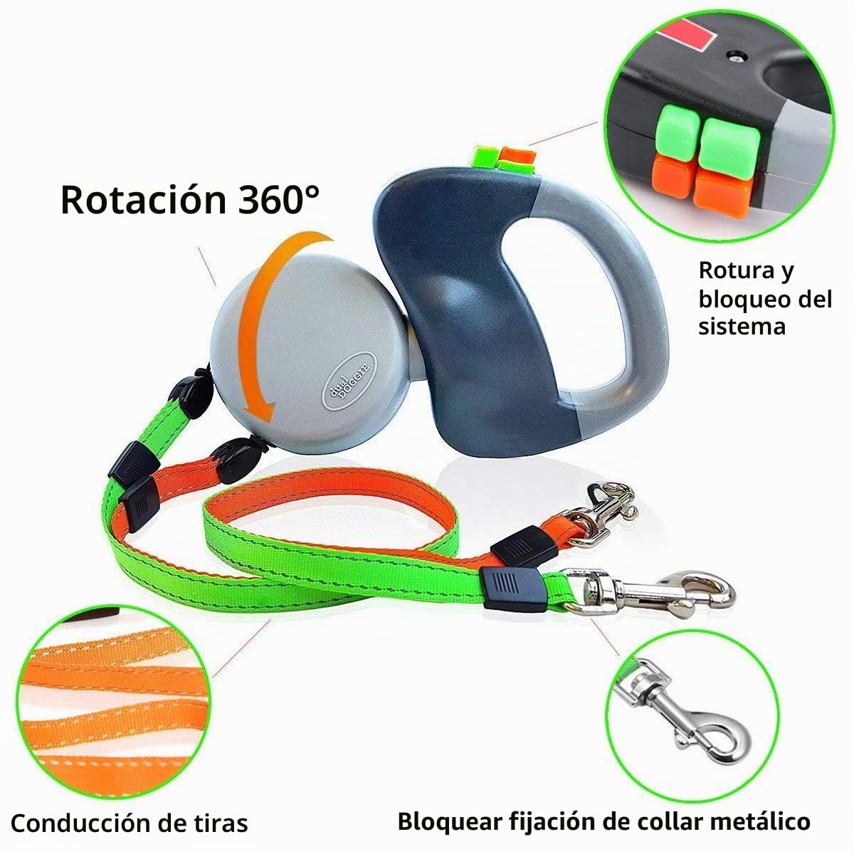 Faneli automática abatible Perro Cuerda, Doble Perro Cuerda para 2 Perros, Adecuado para pequeñas y tamaño Mediano de Perros sin Nudos. No se enreda