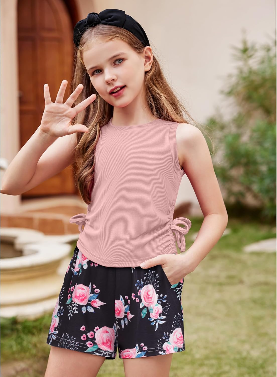 Arshiner Girls Summer Clothing Sets 2 Piece Outfits Knit Ruched Knot Side Tank Top and High Waist Shorts with Pockets - Image 3